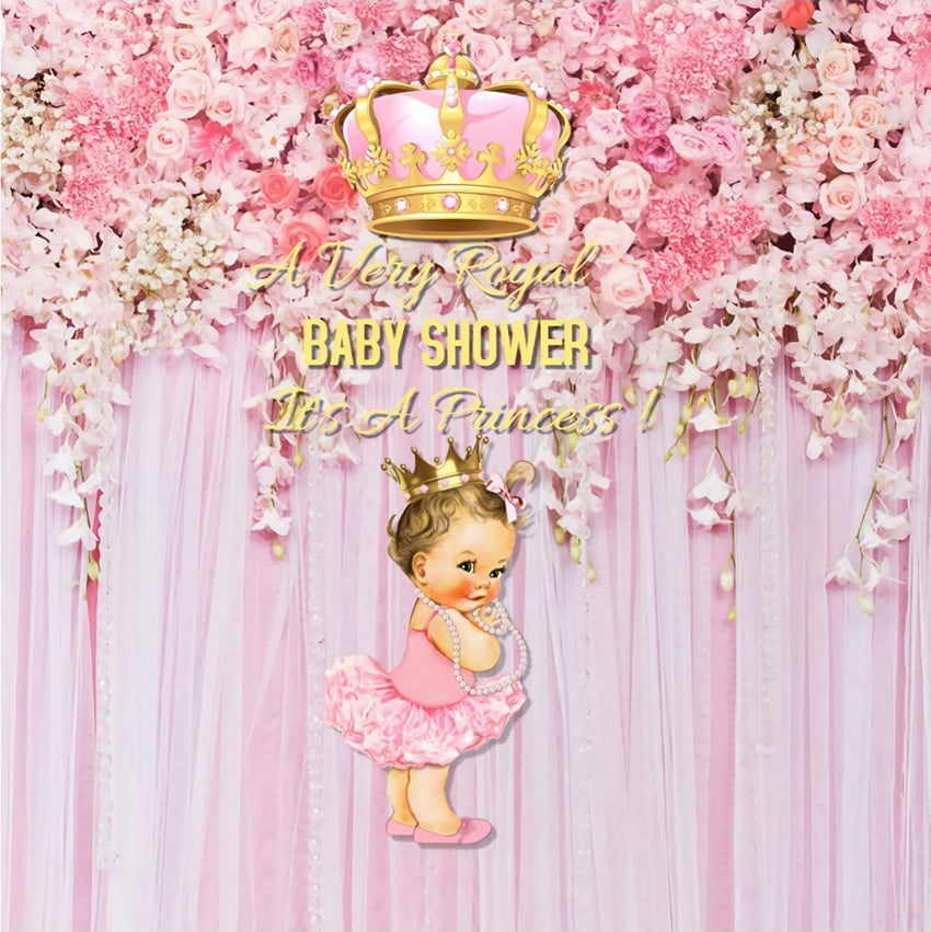 Baby Shower Pink Flowers and Crown Baby Gril Backdrop BA15