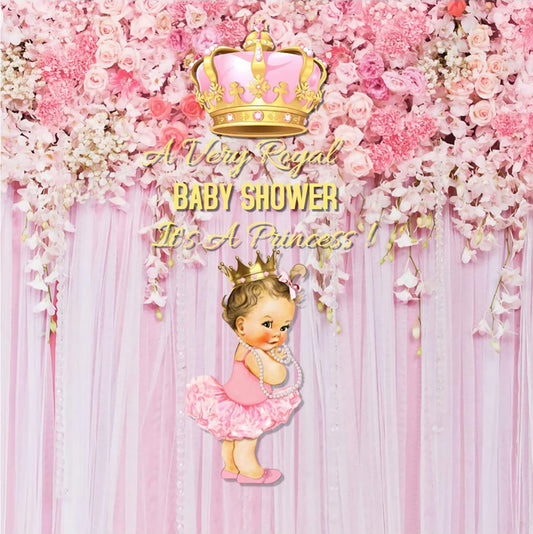 Baby Shower Pink Flowers and Crown Baby Gril Backdrop BA15