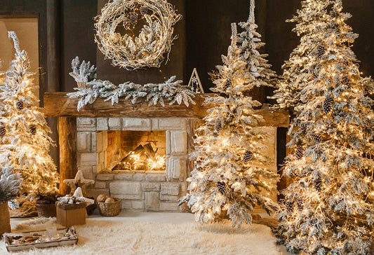 Christmas Tree Vintage Fireplace Photography Backdrop