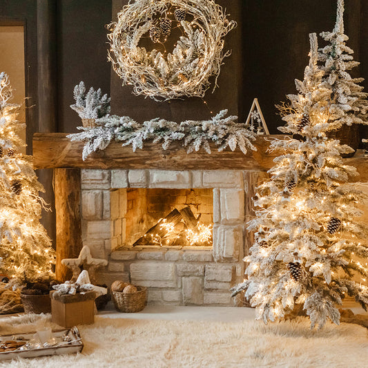 Christmas Tree Vintage Fireplace Photography Backdrop D1003