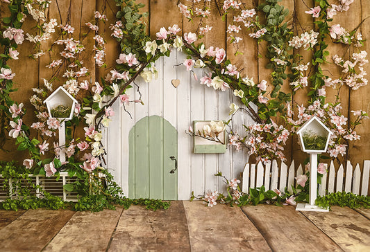 Pink Flowers Rustic House Spring Backdrop