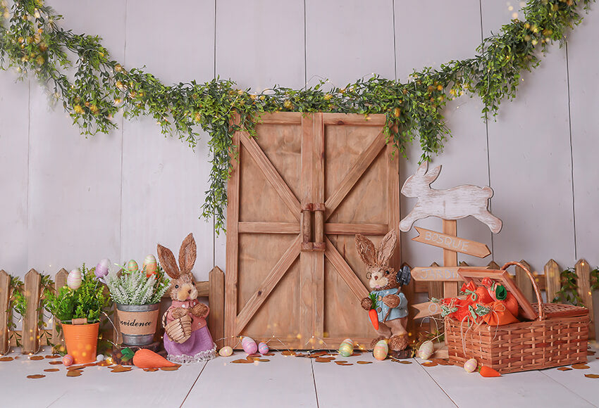 Barn Door Bunny Flowers Easter Backdrop