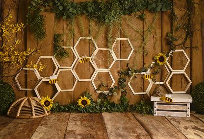 Sunflower Bee Wood Wall Photography Backdrop