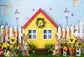 Cartoon Barn House Bunny Flowers Backdrop