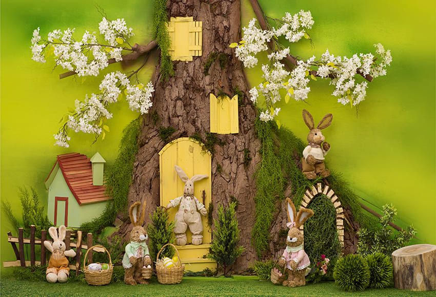 Bunny Rabbit Tree House Easter Backdrop D1073