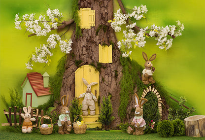 Bunny Rabbit Tree House Easter Backdrop