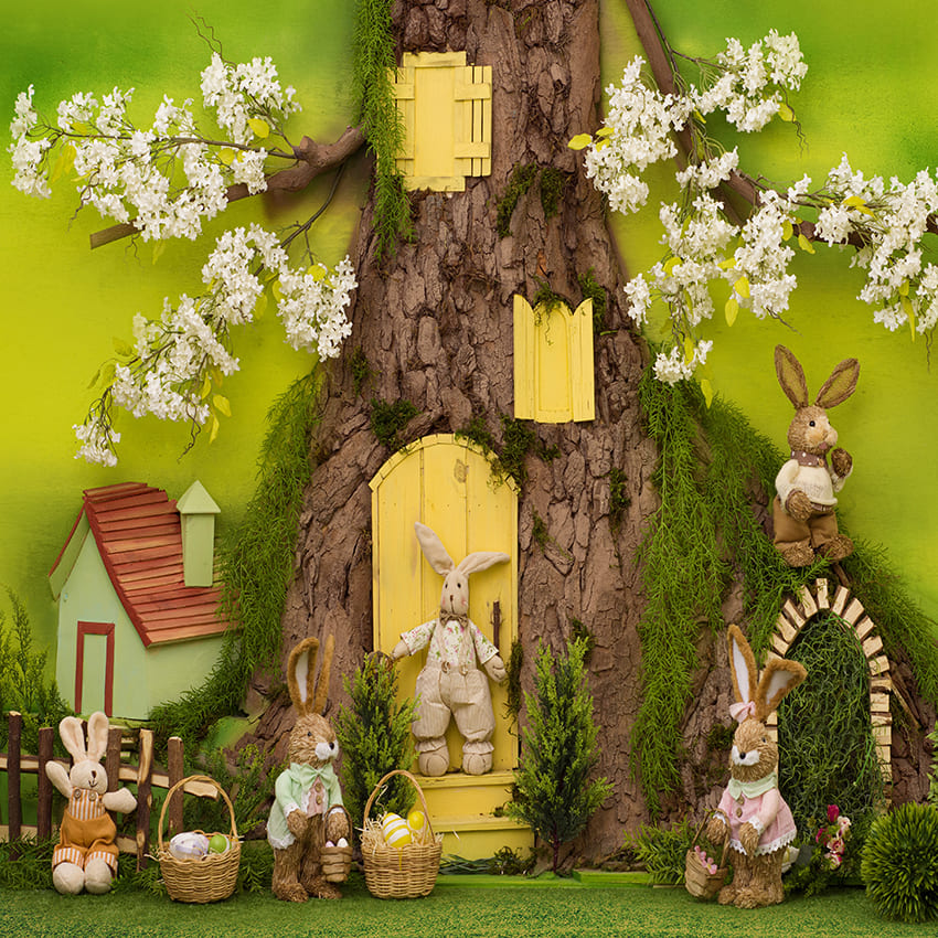 Bunny Rabbit Tree House Easter Backdrop D1073 – Dbackdrop
