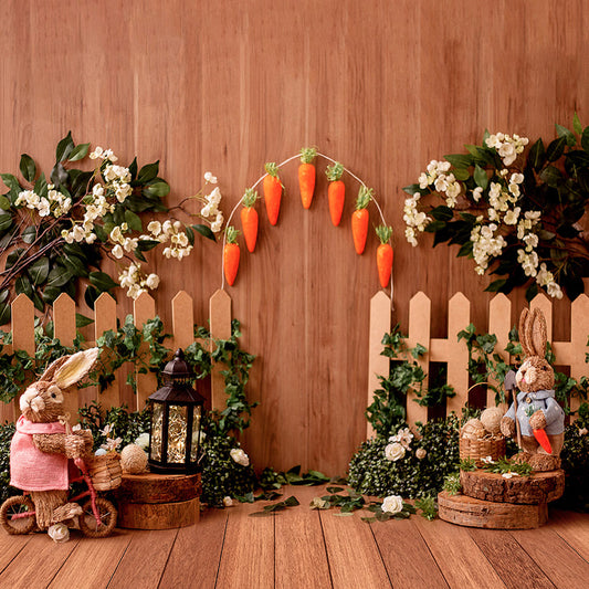 Vintage Wood Bunny Flowers Easter Backdrop D1074