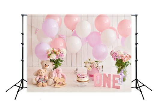 1st Birthday Decorations Balloons Cake Pink Photography Backdrop D283