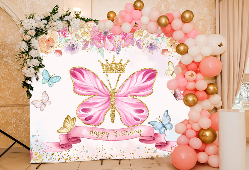 Pink Butterfly Flowers Custom Birthday Backdrop D780