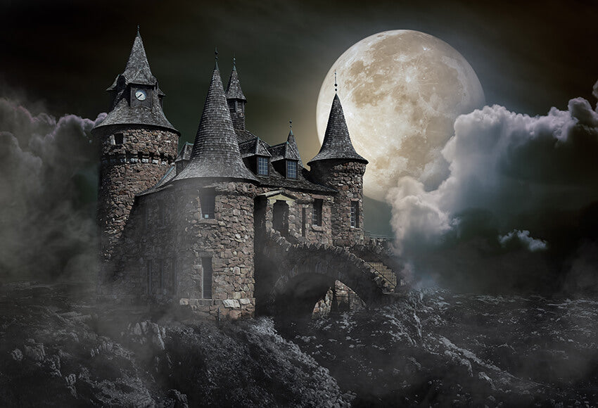 Halloween Midnight Castle Moonlight Backdrop 
