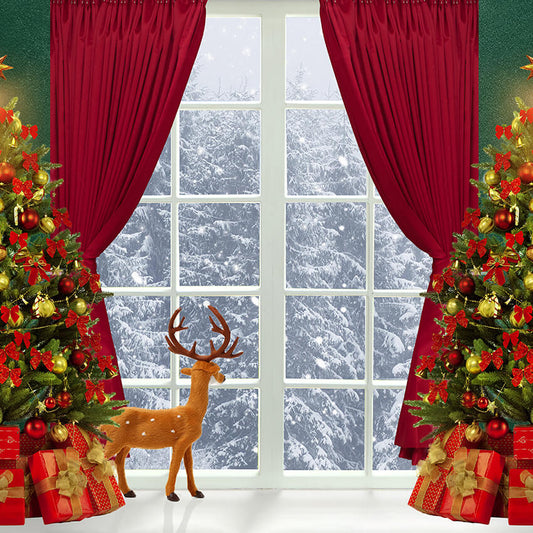 Christmas Tree White Window Red Curtain Backdrop D918