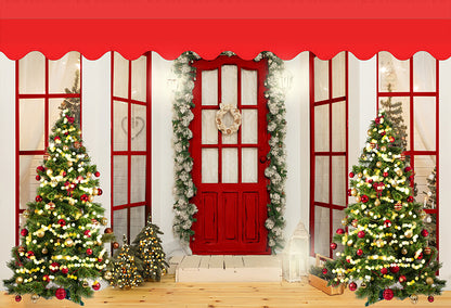 Christmas Shop Door Sparking Tree Backdrop