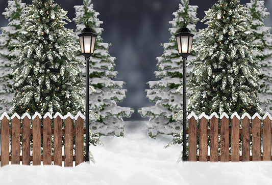 Snowy Christmas Tree Lights Railing Backdrop