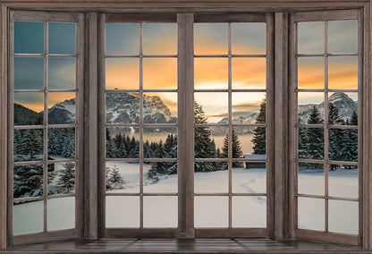 Winter Snow Mountain Window Scene Backdrop