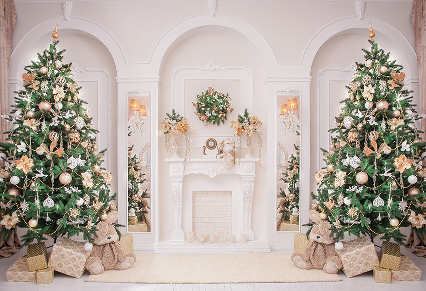 White Wall Fireplace Christmas Tree Backdrop