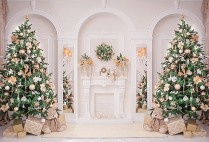White Wall Fireplace Christmas Tree Backdrop