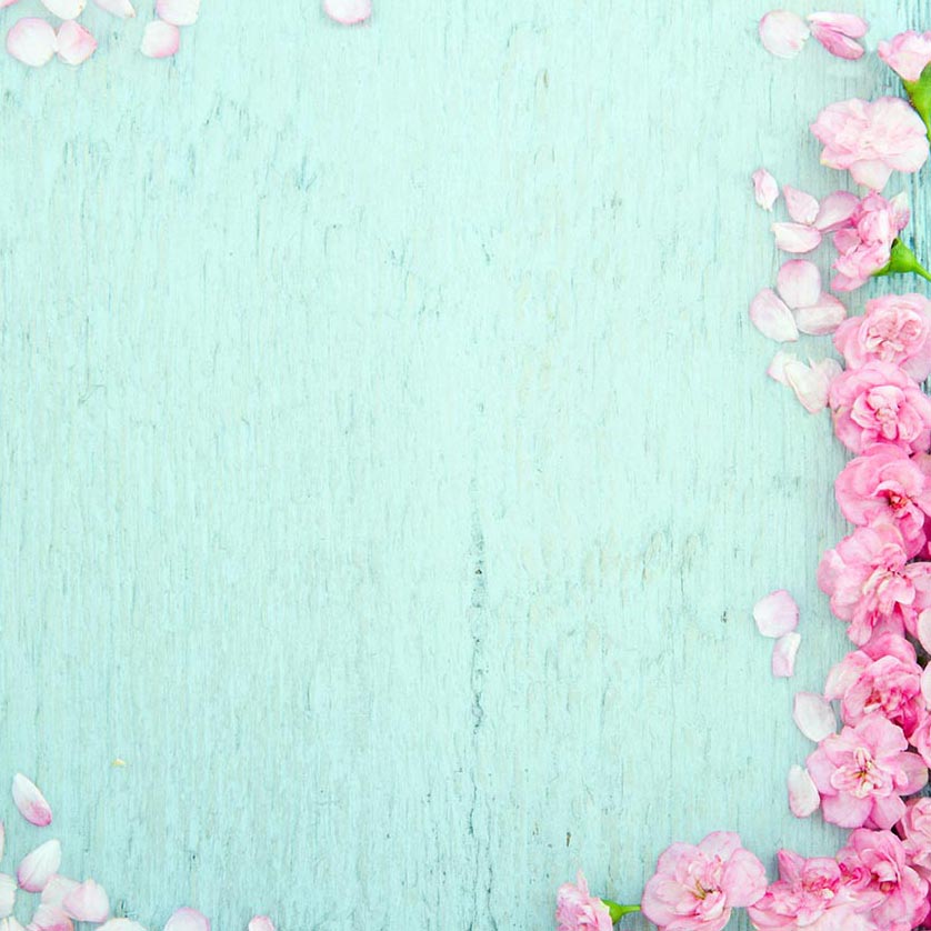 Pink Flowers Cyan Wood Floor Spring Photo Booth Backdrop F-2362
