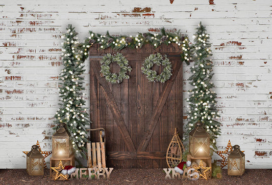 White Wall Wooden Door Christmas Background for Decoration G-1474 