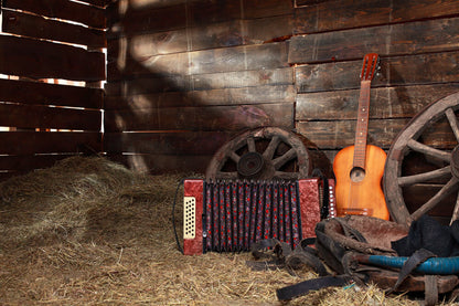 Old Barn Backdrop Western Cowboy Vintage Wheel Guitar Wood Plank Straw Photo Backdrop G-736