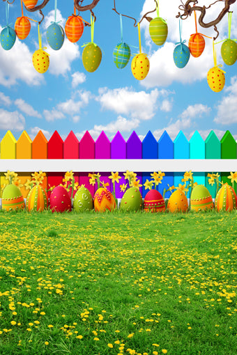 Easter Eggs Green Grass Yellow Flowers Photo Studio Backdrop GE-043