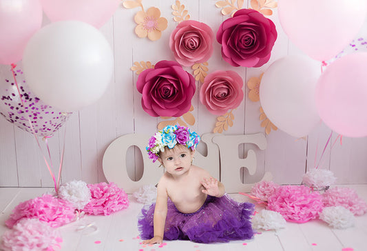 Flower Wall Ballons Pink Backdrop for Baby Girl 1st Birthday Photography