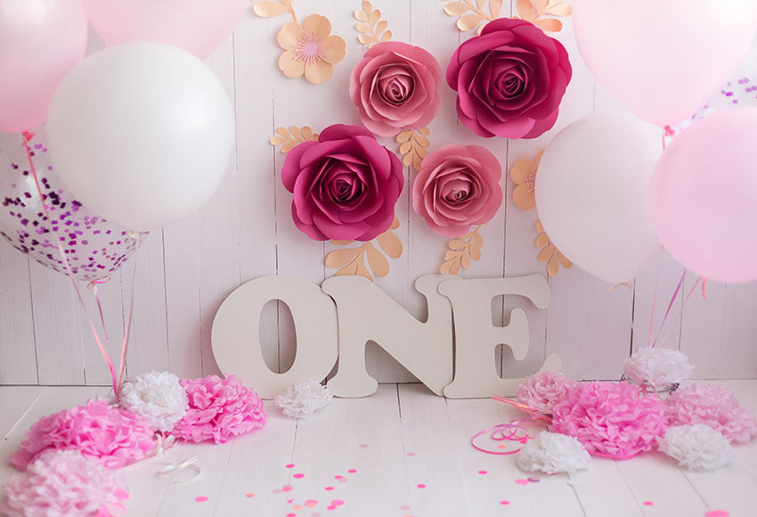 Flower Wall Ballons Pink Backdrop for Baby Girl 1st Birthday Photography