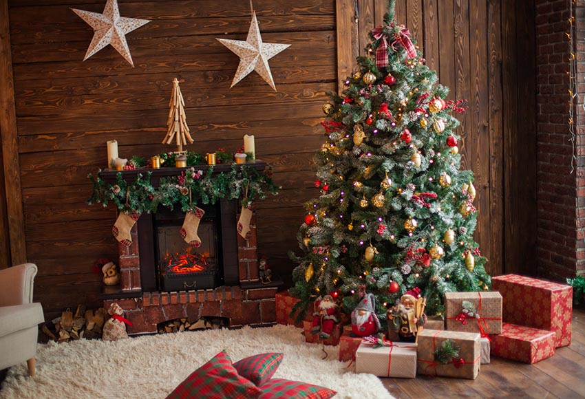 Wooden House Christmas Trees Christmas stockings Backdrop GX-1049 