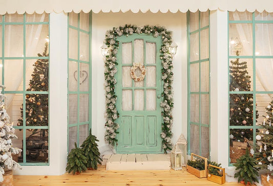 Christmas Porch Green Door Backdrop for Photography
