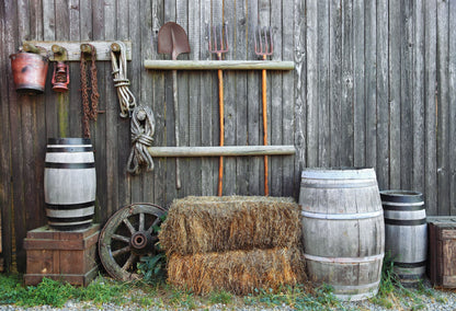 Barn Farm Tools Gray Grunge Wood Wall Backdrops HJ03184