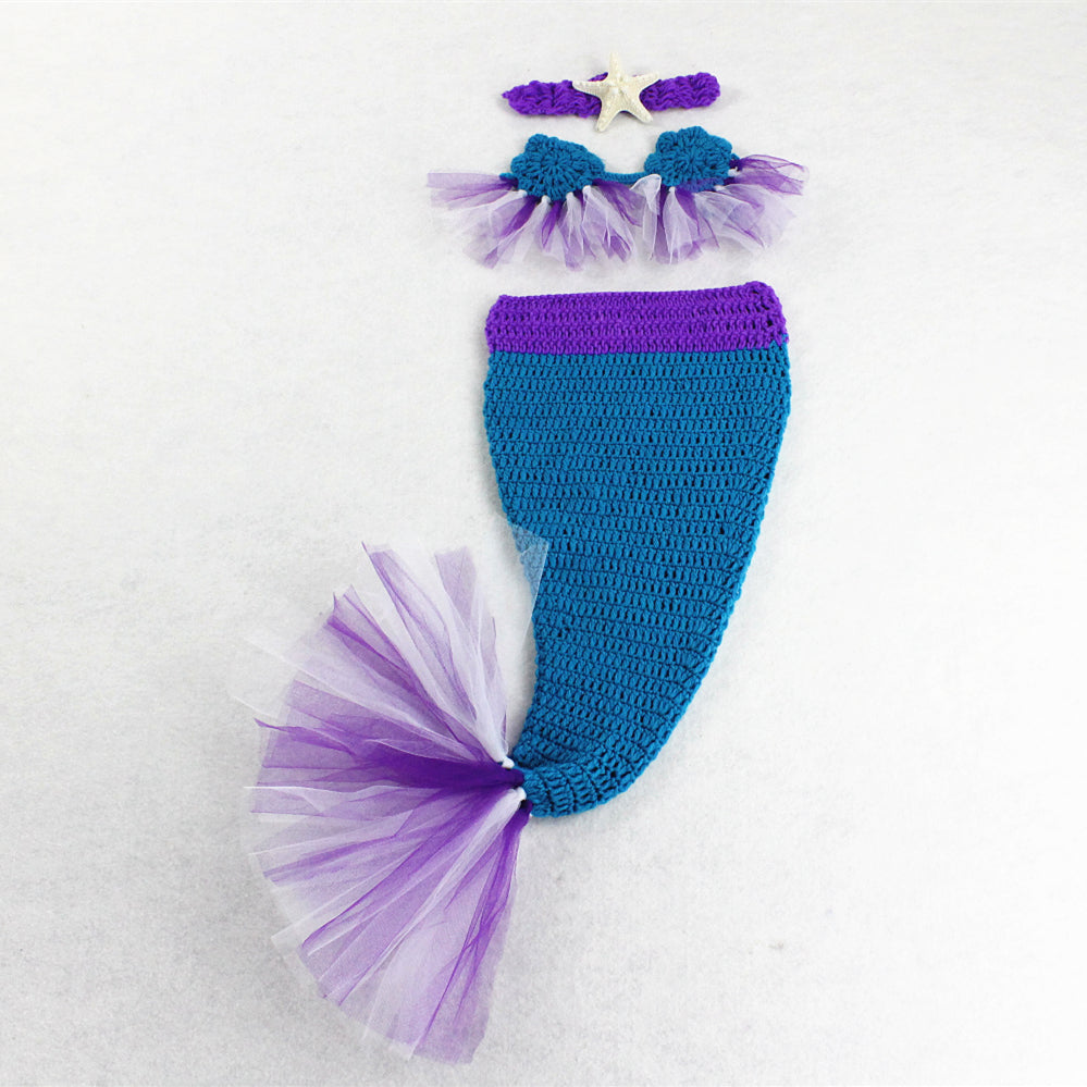 Newborn Baby Girl Costume Knitted Photography Props Mermaid Headband Bra Tail