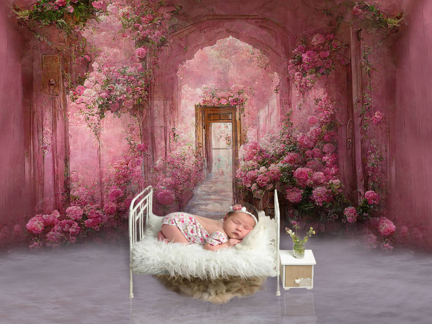 Pink Flower Corridor Painting Photography Backdrop M-26