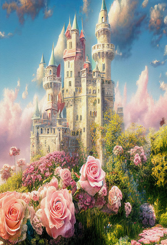 Fantasy Garden Castle Flowers Clouds Backdrop 
