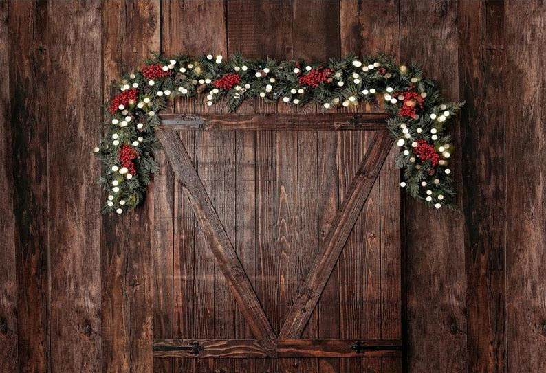Wood Barn Door Christmas Decoration Photography  Backdrop 