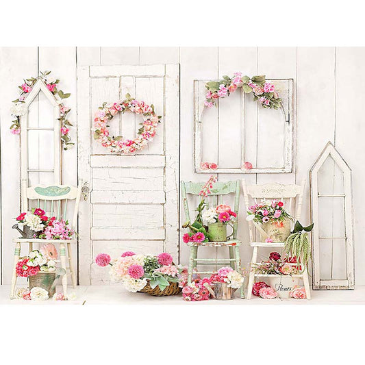 Wood Window Door Background Flower Chair Room Decoration Photography Backdrop NN-2