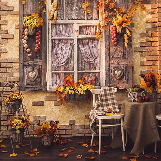 Fall Window Yellow Leaves Autumn Photography Backdrop S-3201