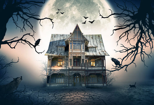 Haunted House Moon Scene Backdrop for Photo Shoot