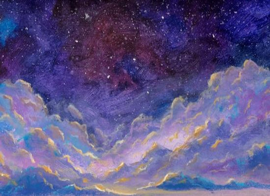 Night Starry Sky Fantasy Clouds Over Hills Landscape Oil Painting Backdrop