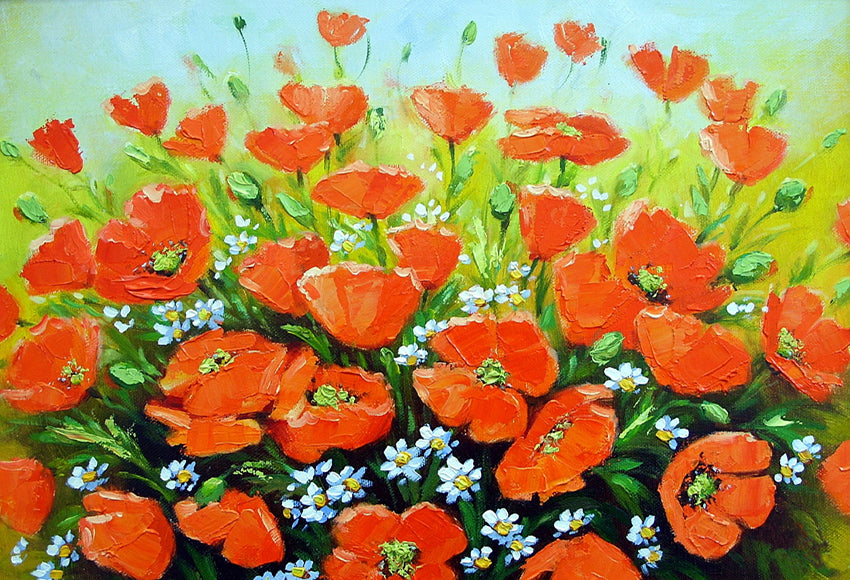 Poppies Flower Field Oil Painting Photography Backdrop