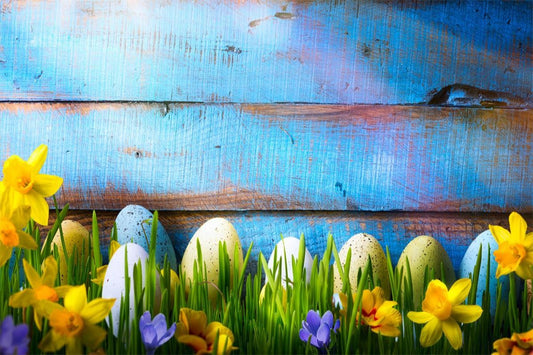 Spring Flowers Easter Eggs Blue Wood Backdrop for Photography