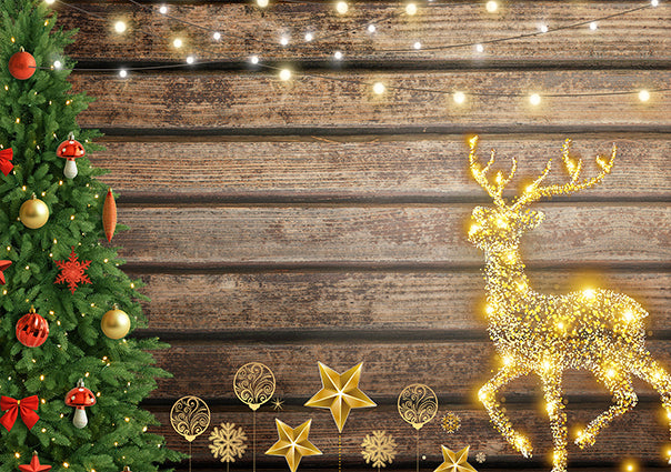 Christmas Tree Sparkling Light Elk Wood Backdrop TKH1559