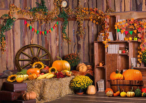 Autumn Pumpkins Cabin Haystack Backdrop for Photography TKH1590
