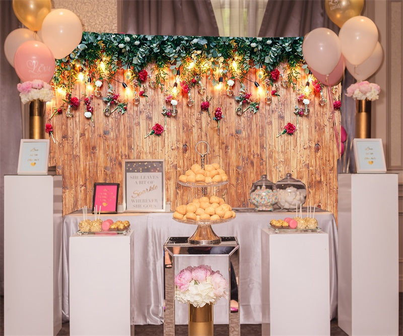 Garlands Lights Rustic Wood Backdrop for Photography