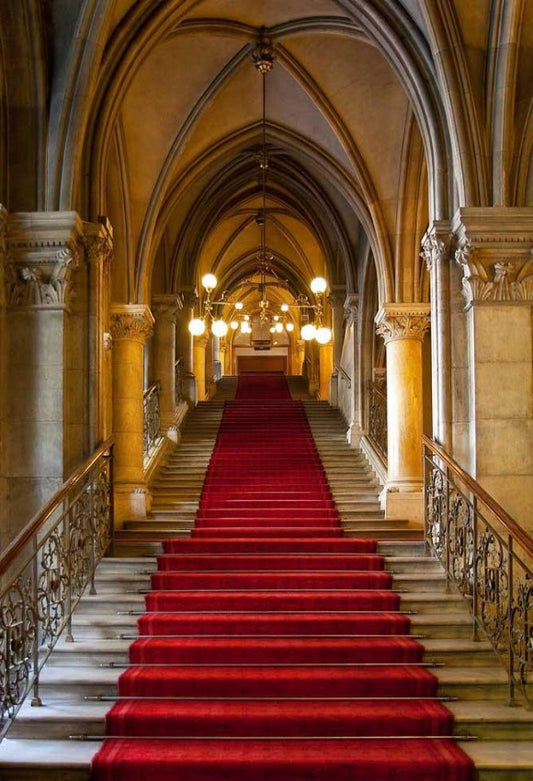 Gothic Architecture Circular Lights Red Carpet-Covered Stairs Photo Backdrop KAT-130