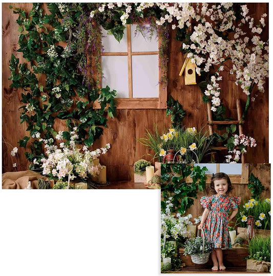 Spring White Flowers Wooden House Photo Backdrop