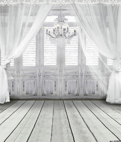  White Retro Wood Door Window Curtain Backdrop for Photo Shoot gc-2086-1