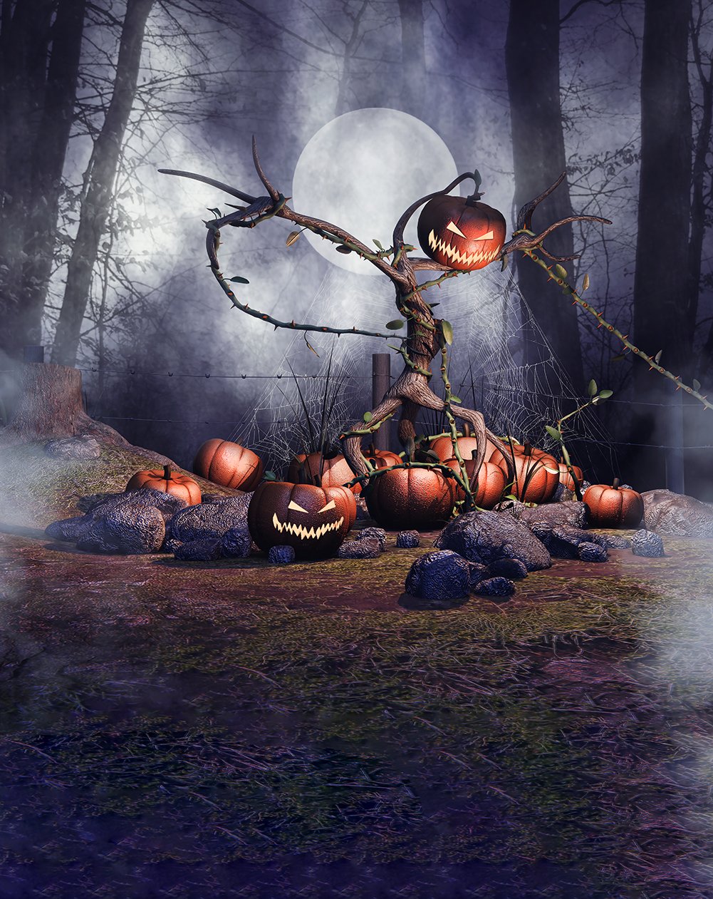 Halloween Horrible Pumpkin Scarecrow Night Moon Backdrops DBD-P19087