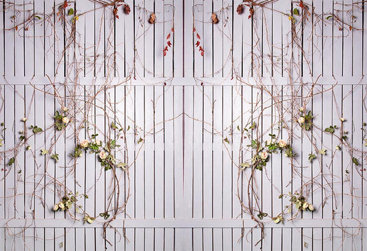 White Wooden Fence Twined with Roses Backdrop for Photography