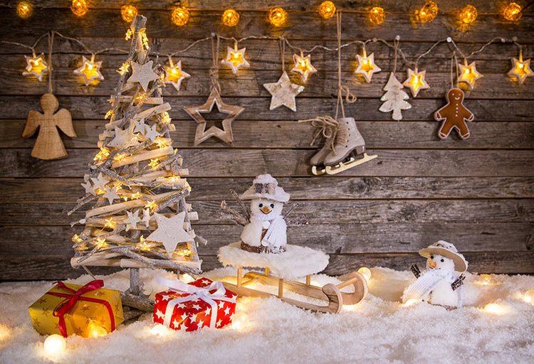 Christmas Lights Tree Snowmen Wood Wall Backdrop for Photo LV-922 ...