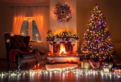 Christmas Lights Fireplace Xmas Tree Room Decor Background LV-978